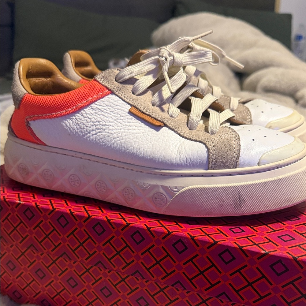 Tory Burch White and Tan Sneakers with Orange Accents